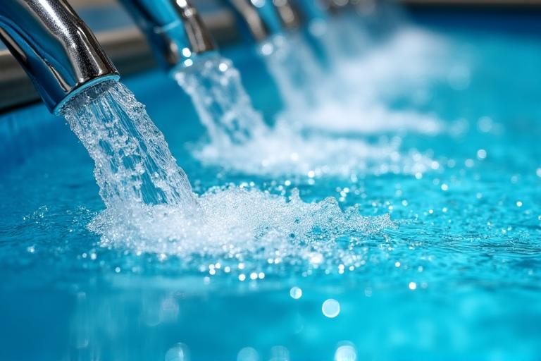 Dettaglio di getti d'acqua idromassaggio su sfondo azzurro